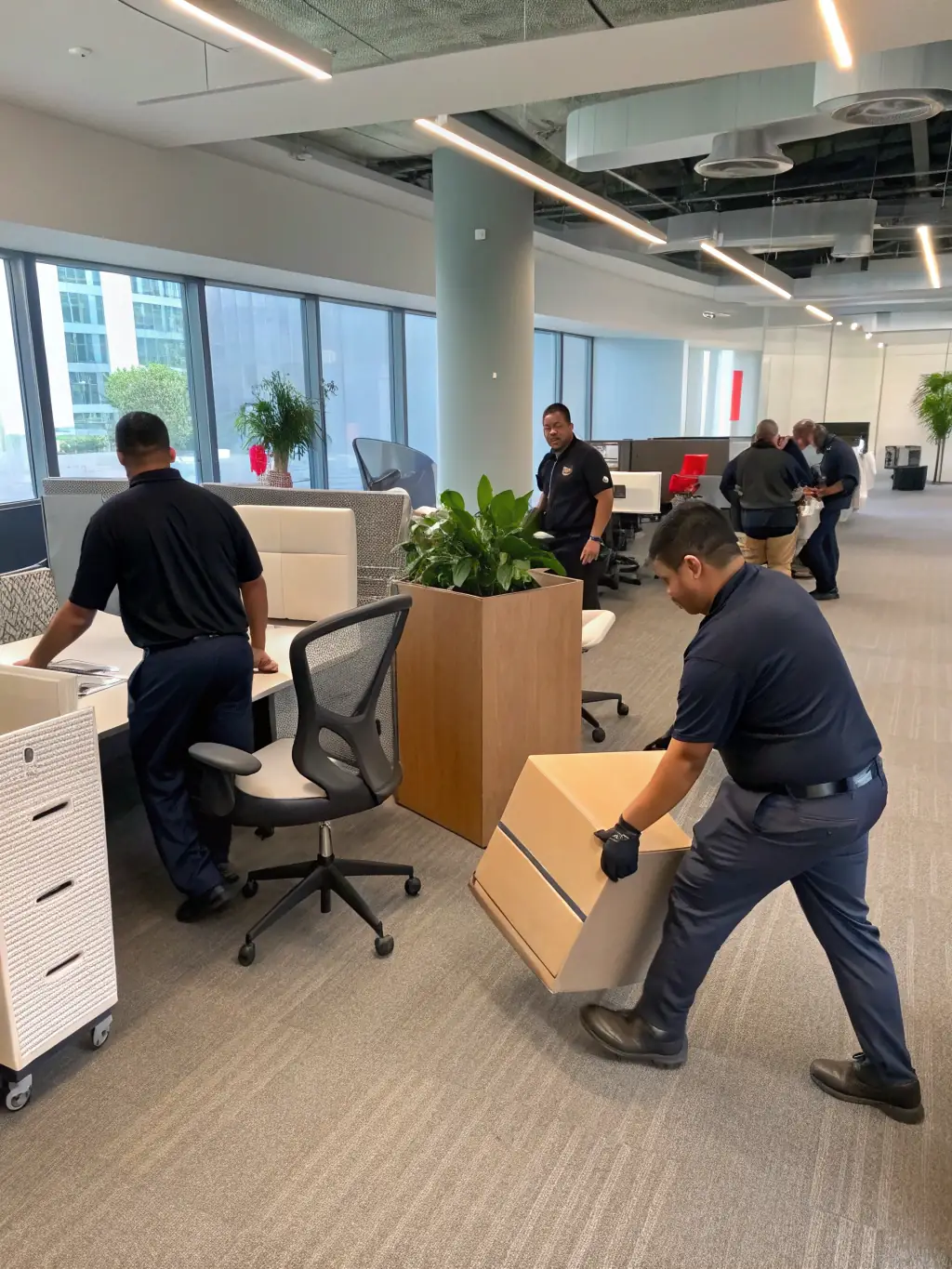 An image of OSKR Removals movers efficiently relocating office equipment and furniture into a new office space.